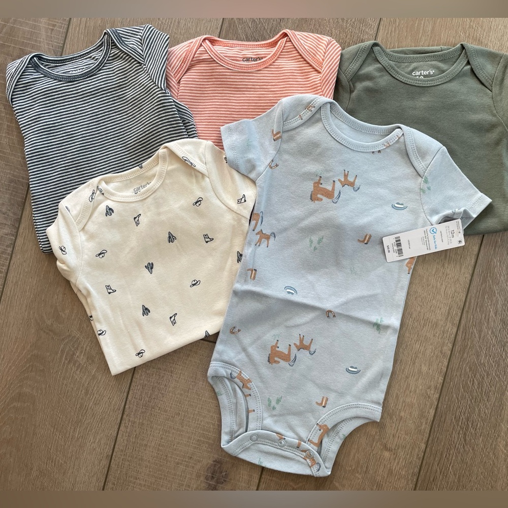 Carter’s Bodysuits 5 Pack Short Sleeve Cowboy Horse Western 12 Months NEW W/TAGS